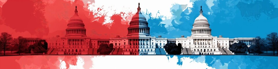 Obraz premium Abstract artistic representation of the U.S. Capitol with red, white, and blue colors, symbolizing political themes and American patriotism.