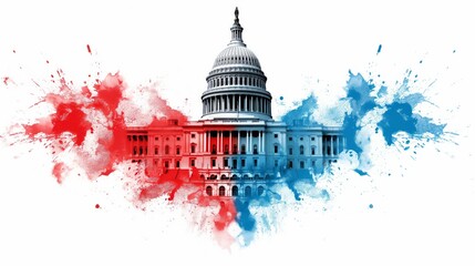 Artistic depiction of the United States Capitol with vibrant red and blue splashes symbolizing American political landscape and patriotism.