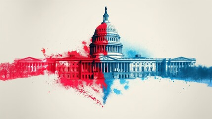 Artistic watercolor painting of the United States Capitol building with red and blue splashes symbolizing politics and government.