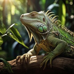Obraz premium Vibrant green iguana in forest branches ,close up shot ,Ai Generated image