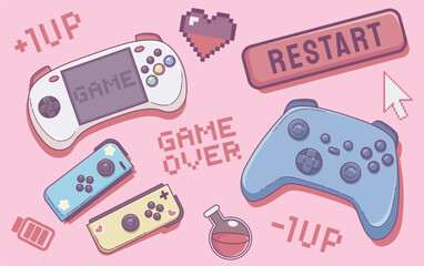 Cute kawaii video gamer girl retro vector set. 90s pixel print icon graphic. Y2k geek gamepad, joystick and gaming love aesthetic illustration collection. 2000s woman mobile console joy artwork © klyaksun