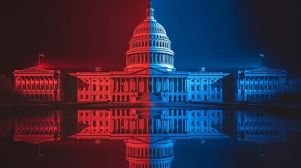 United States Capitol building split in red and blue lighting, symbolizing political division and bipartisan issues in Washington, D.C.