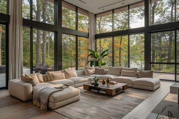 Modern Comfort: Stylish Living Room with Sectional Sofa and Panoramic Windows Captured with Sony A7 IV