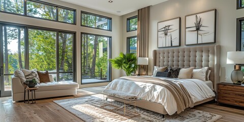 Tranquil Master Bedroom Retreat with Cozy Bedding, Elegant Chaise Lounge, and Sunlit Windows Shot with Sony A7 IV