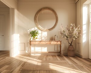Stylish Foyer Interior with Ornate Mirror, Entryway Table, and Modern Lighting, Captured with Sony A7 IV