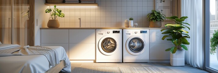Modern Laundry Room Setup with Washer, Dryer, and Storage Space Shot with a Sony A7 IV