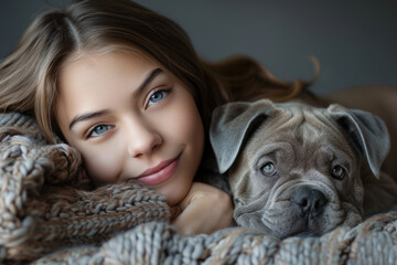 Young girl smiling while lying in a blanket, cuddling her adorable gray puppy, capturing a cozy and affectionate moment of companionship, warmth, and pure joy.
