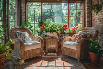Fototapeta premium Cozy Sunlit Retreat: Charming sunroom featuring wicker furniture, lush potted plants, and a sunny ambiance, photographed with a Sony A7 IV