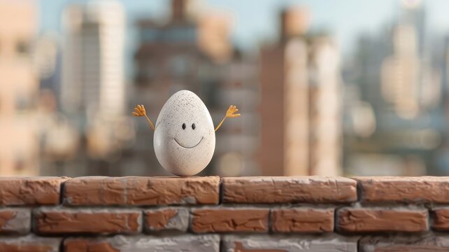 A whimsical illustration of Humpty Dumpty perched on a brick wall.
