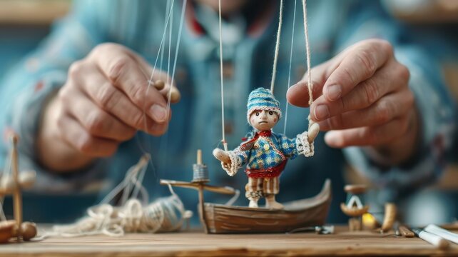 A puppeteer brings a marionette to life on a miniature stage.