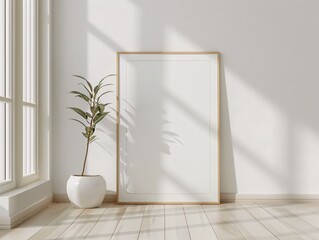 Blank Canvas Mockup with Wooden Frame and Plant in Minimalist White Room Interior Design.