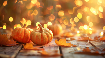 Cute little pumpkins and autumn leaves on a wooden table, with fairy lights and a blurred background. Perfect for Thanksgiving or harvest-themed decorations.