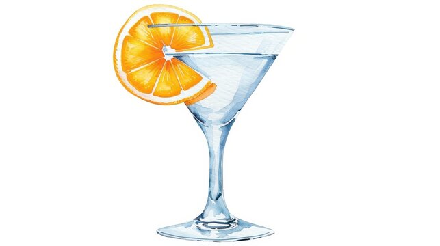 A refreshing martini cocktail with a zesty lemon slice, elegantly depicted in handpainted watercolor on a crisp white backdrop.