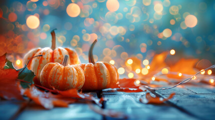 Cute little pumpkins and autumn leaves on a wooden table, with fairy lights and a blurred background. Perfect for Thanksgiving or harvest-themed decorations.