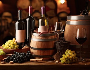 Naklejka premium A table with a bottle of wine, a glass, and a wooden barrel with grapes and cheese