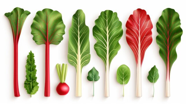 Unique graphie illustrations of rhubarb and fresh vegetables, showcasing vibrant colors and details against a clean white background.