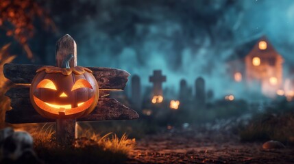 Naklejka premium A haunting Halloween landscape with a glowing jack-o'-lantern on a weathered wooden signpost, set in a misty graveyard filled with ancient headstones, crosses, and shadowy trees under a moonlit sky