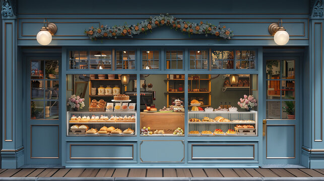 Charming French Bakery Frontage with Inviting Blue Facade and Delectable Displays