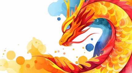 Obraz premium Vibrant dragon face painted in soft watercolors, showcasing a realistic and colorful design against a crisp white backdrop.