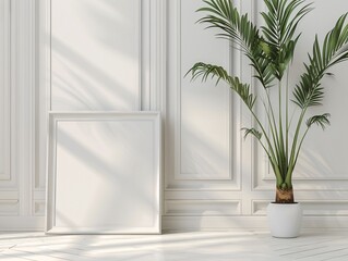 Minimalist White Interior with Palm Plant, Empty Picture Frame and Sunlight, Mockup for Art or Design