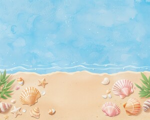 Watercolor Beach Background with Seashells and Starfish.