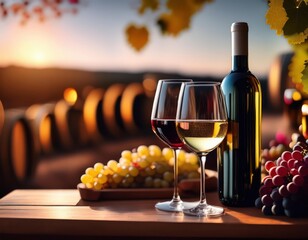 A table with a bottle of wine, a glass, and a wooden barrel with grapes and cheese