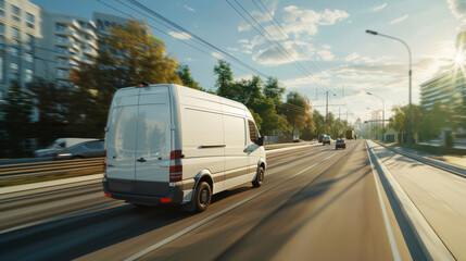 Delivery van speeding down the highway, delivering goods to businesses in the city suburbs. This express service ensures fast distribution and logistics solutions.