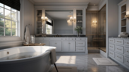 Contemporary bathroom freestanding bathtub, Modern classic minimalist bathroom in a residential setting, gray marble countertops and white furniture and closets, and a serene ambiance