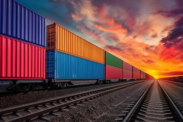 Obraz premium wagon of freight train with containers on the sky background