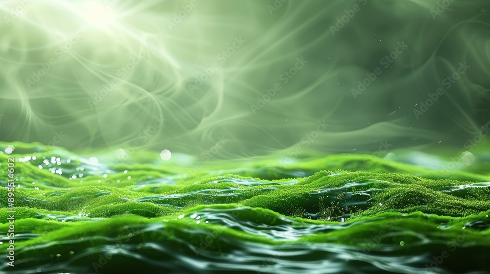 Poster a close-up of vibrant green algae floating on water, creating a serene and ethereal scene. the light