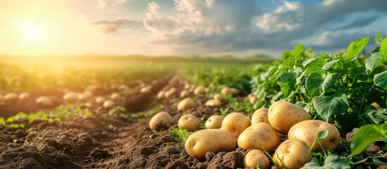 Freshly harvested potatoes in a field at sunset. Organic farming, agriculture, and sustainable food production concept.