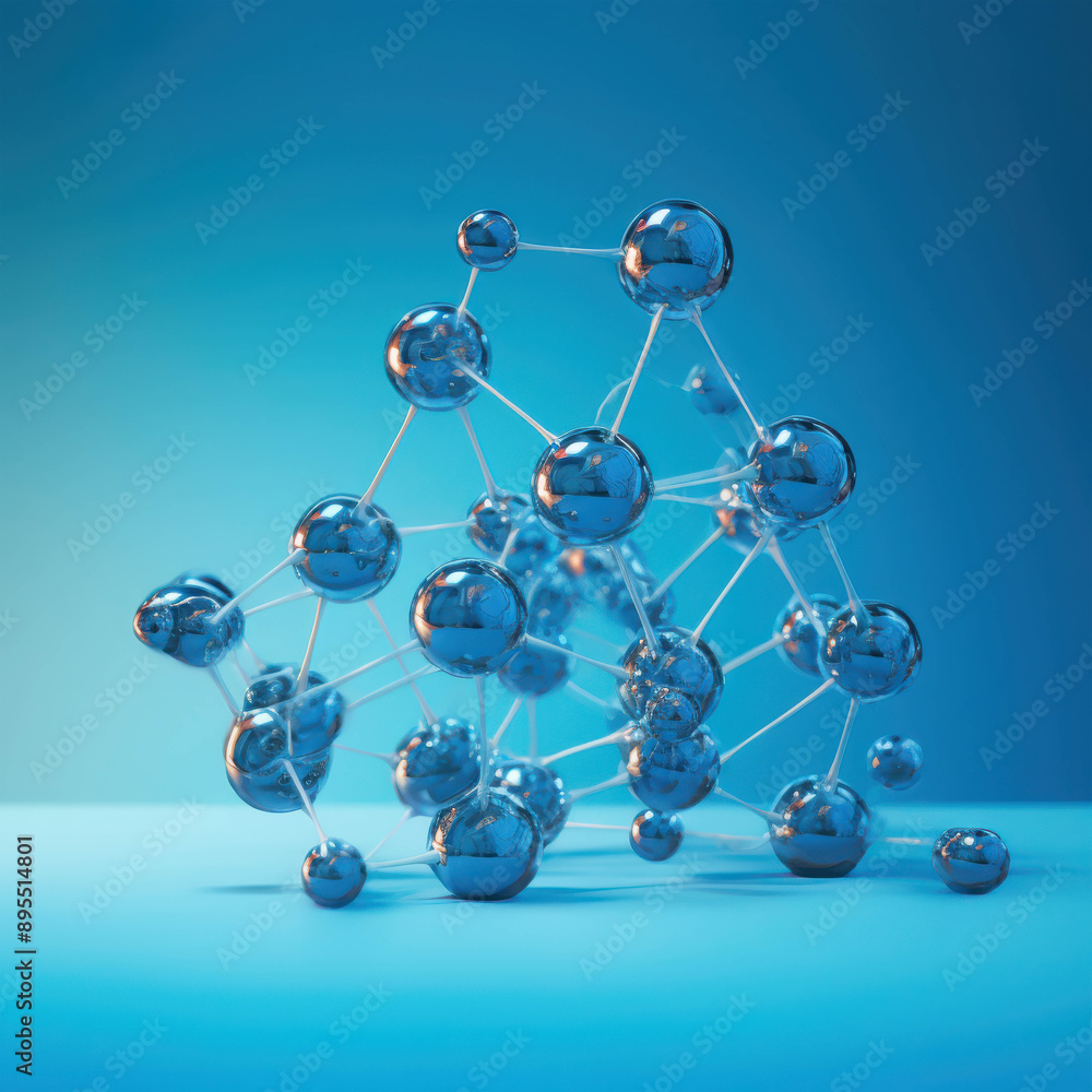 Poster intricate molecular network in a bright blue setting representing advanced scientific concepts
