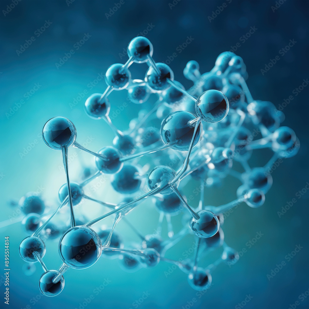 Poster intricate molecular network in a bright blue setting representing advanced scientific concepts