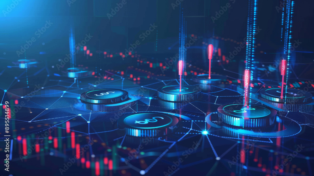 Poster digital exchange platforms where stocks are traded online. blue polygonal background with a 3d effec