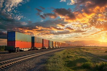Obraz premium wagon of freight train with containers on the sky background