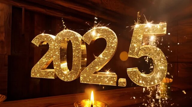 A festive 3D New Year&rsquo;s card featuring gold numbers from 2024 to 2025 with a winter design and holiday decorations, celebrating the transition from one year to the next