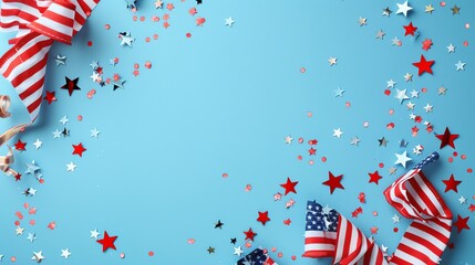Obraz premium Festive American Flag Decor with Stars and Confetti on Blue Background.