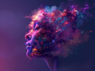 colorful representation of a human profile with vibrant, swirling clouds and abstract patterns merging into the face. The visual effect suggests a blend of imagination, creativity, and cosmic energy