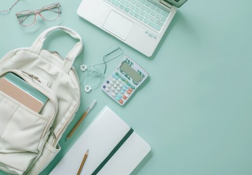 Overhead shot of a white backpack with school essentials and an open laptop, set against a soft blue or green background to enhance the items displayed.