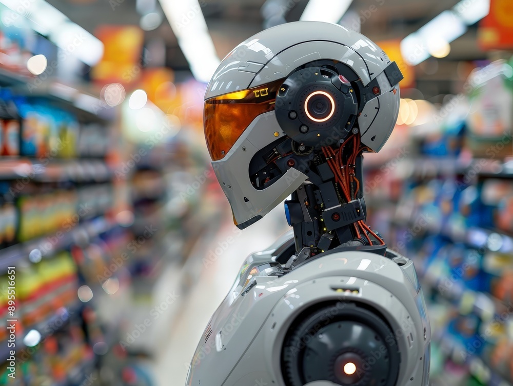 Poster modern ai-powered robot offering customer service in diverse retail environment with natural lightin