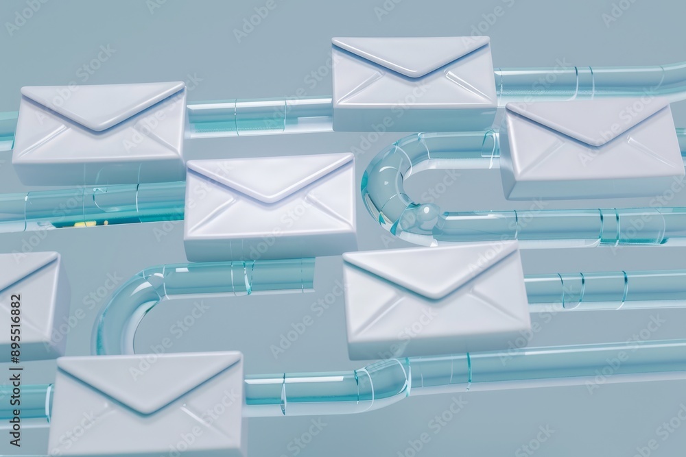 Poster Futuristic digital communication concept with envelopes representing data and email networks, illustrating modern technology and virtual connections in the cyber world