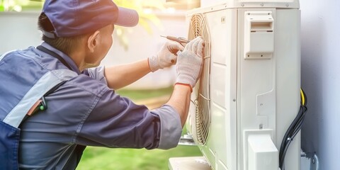 Technician performing maintenance on an air conditioning unit, highlighting the importance of professional repair services in HVAC systems for efficient heating