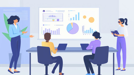 Employees gather at a conference table for a workplace presentation. A woman stands by a financial infographic projected onto a wall.