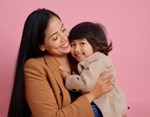 Fashion smiling mother holding her kid on solid color background, love concept
