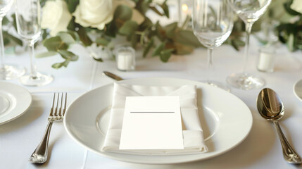 Stylish table setting with a blank menu card, perfect for wedding and event invitations