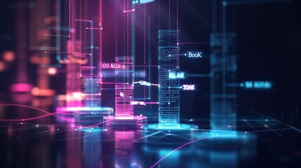 Obraz premium Glowing holographic bar graphs display financial growth data metrics set against a solid black backdrop.