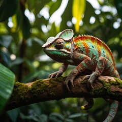 Fototapeta premium a colorful chameleon sitting on the branch of tree in a jungle ,vibrant ,ai generated