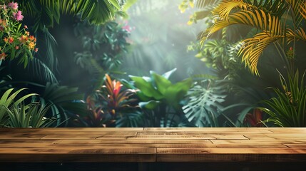 Wooden Table Against a Tropical Wall