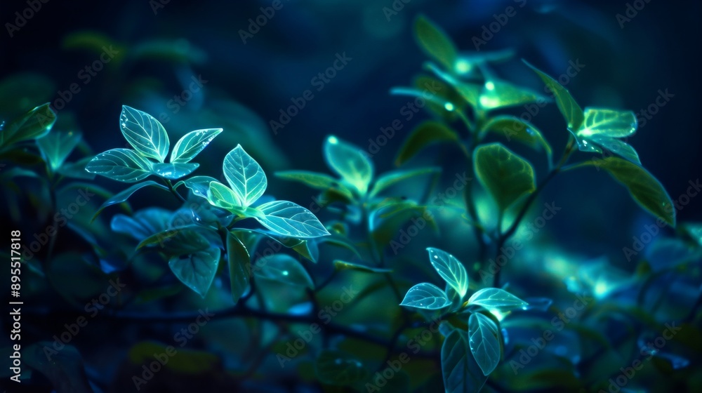 Wall mural a close-up of bioluminescent plants glowing in the darkness, night light. natural environment, botan