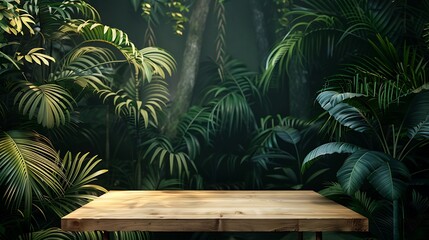 Fototapeta premium Wooden Table Against a Tropical Wall